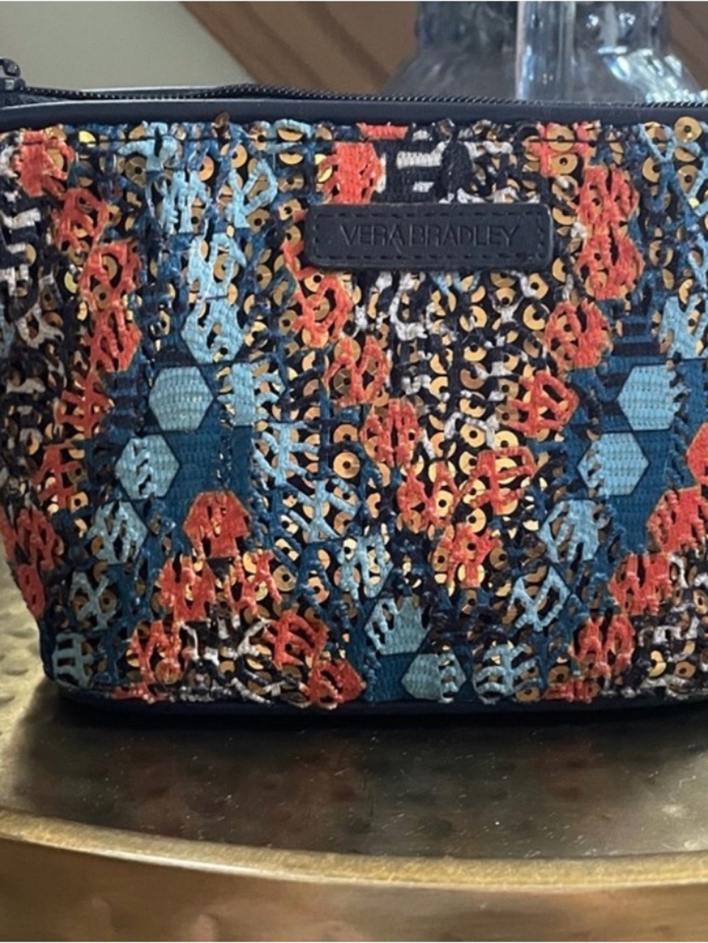 Vera Bradley Navy Teal Coral Embroidered Cosmetic Pouch